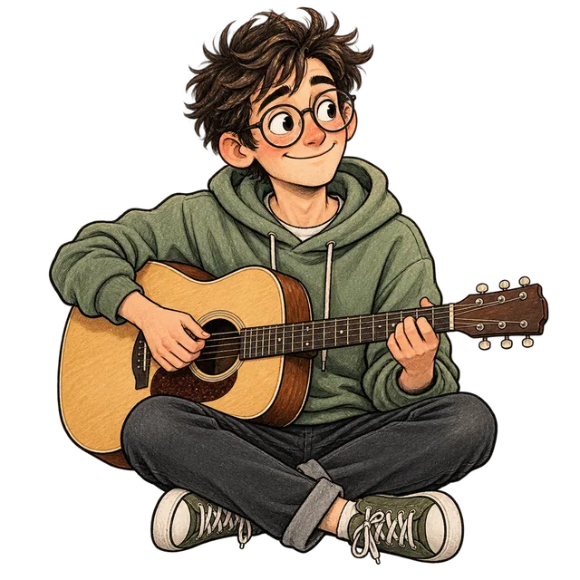Curious beginner with glasses and a hoodie holding an acoustic guitar.
