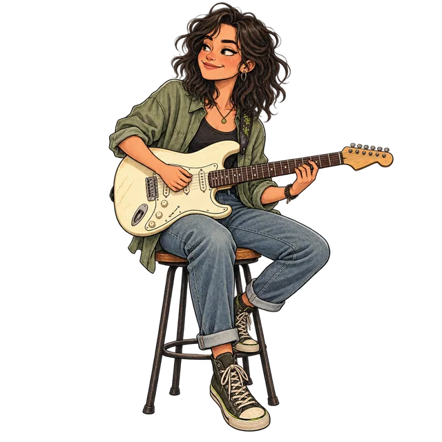 Confident developing guitarist in a casual overshirt practising electric guitar on a stool.