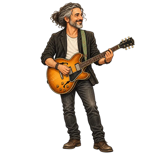 Seasoned guitarist with salt-and-pepper hair and a stage jacket playing a semi-hollow guitar.